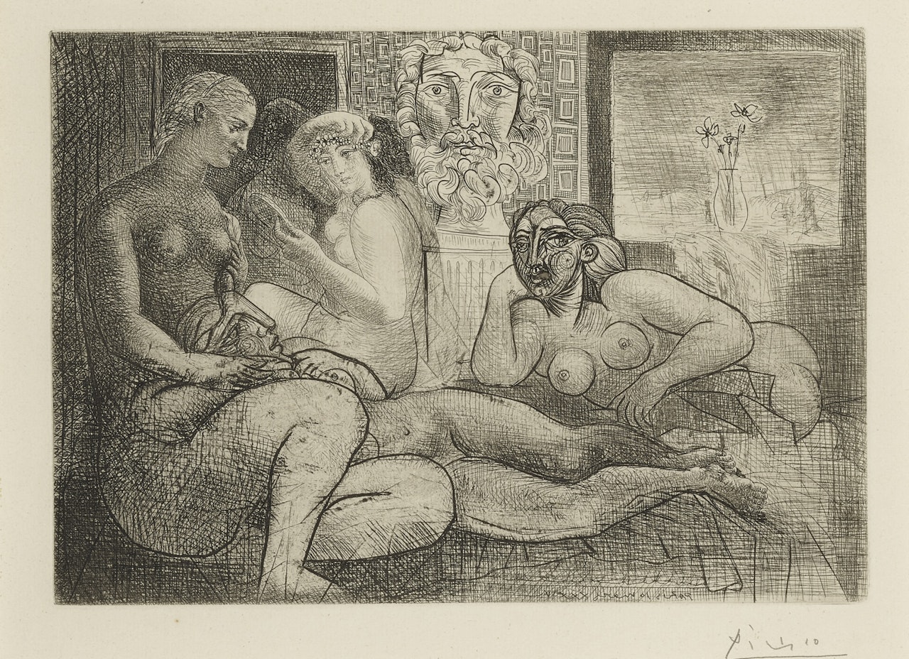 QUATRE FEMMES NUES ET TÊTE SCULPTÉE (B. 219; BA. 424) by Pablo Picasso
