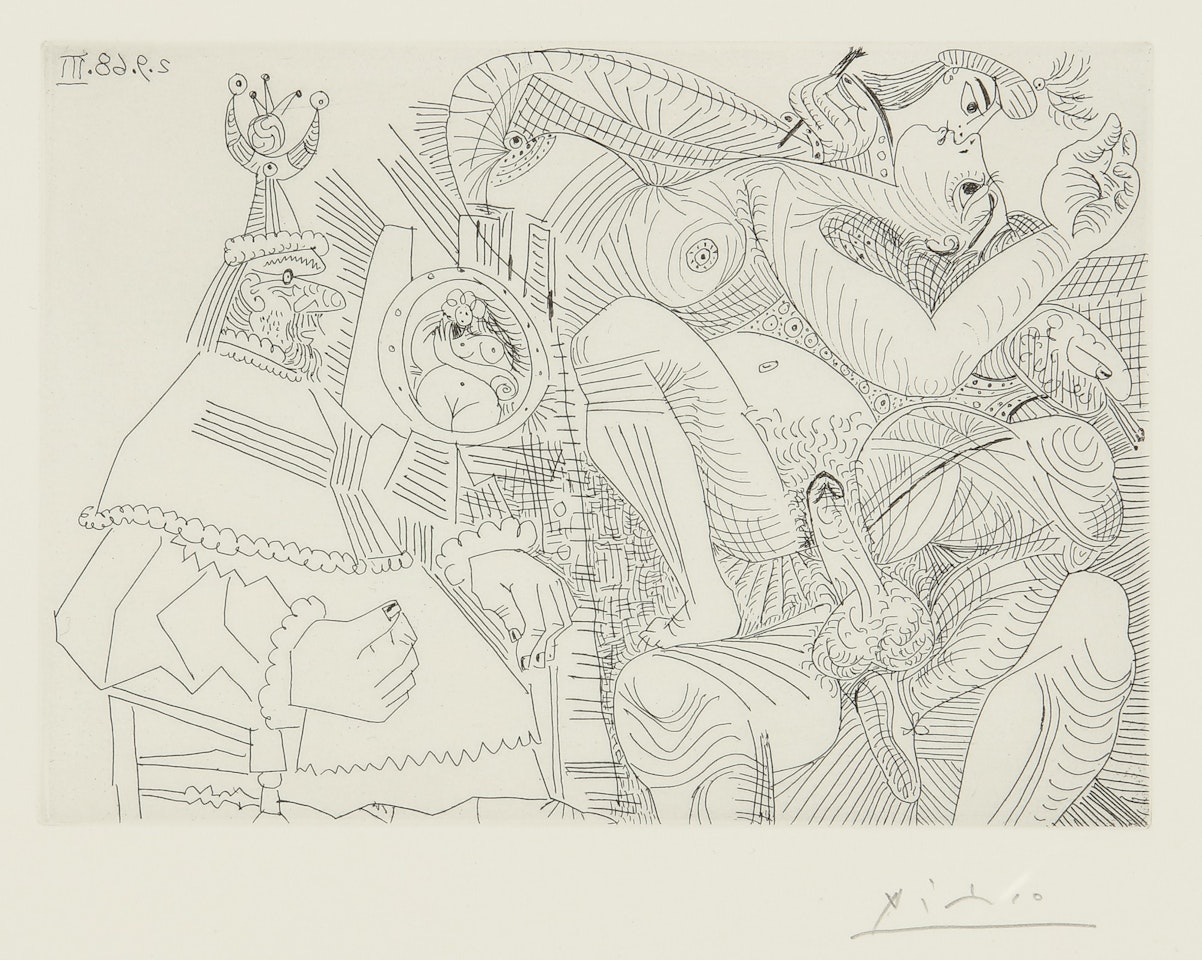 RAPHAËL ET LA FORNARINA. XII: LE PAPE EST BOUCHE BÉE DANS SON FAUTEUIL (B. 1787; BA. 1804) by Pablo Picasso