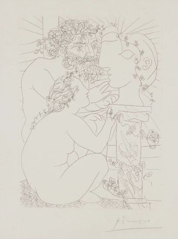 Sculpteur, modèle accroupi et tête sculptée (Sculptor, Sitting Model and Carved Head), plate 39, from La Suite Vollard by Pablo Picasso