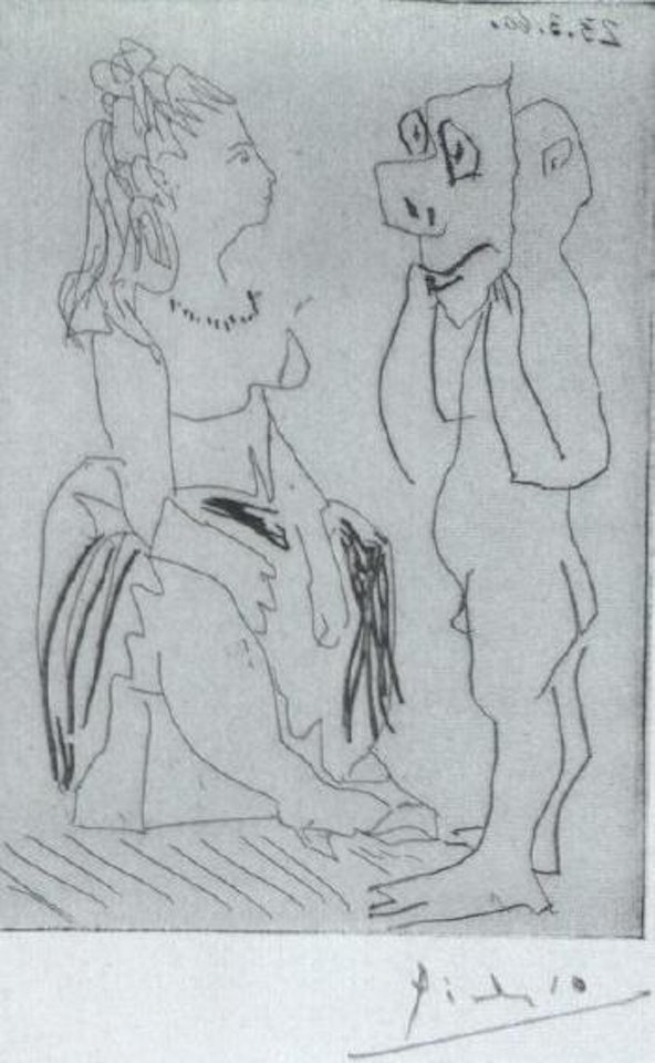 Homme debout avec masque devant femme assise by Pablo Picasso