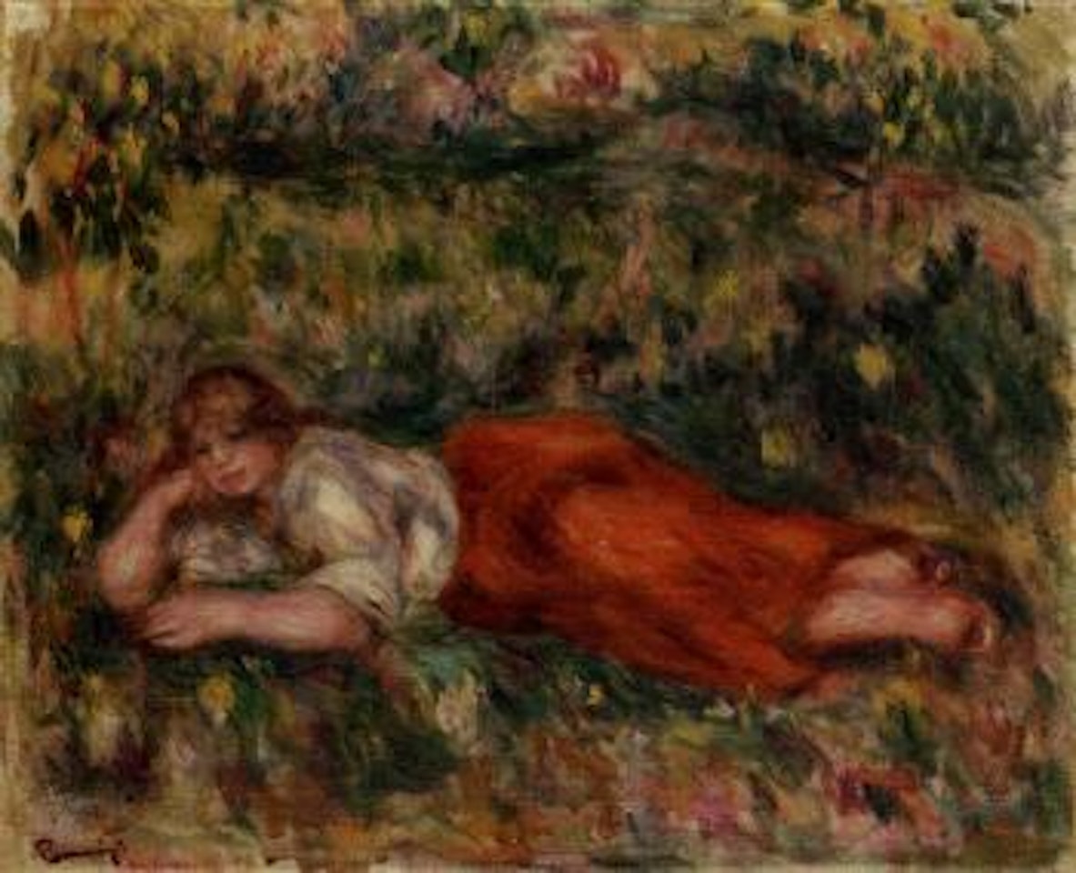 Femme en rouge et blanc couchee dans l'herbe by Pierre-Auguste Renoir