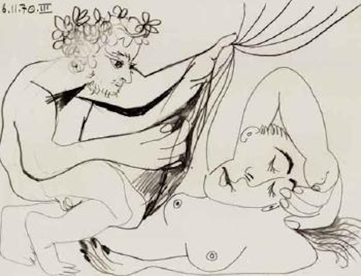 Jeune homme devoilant une femme allongee by Pablo Picasso