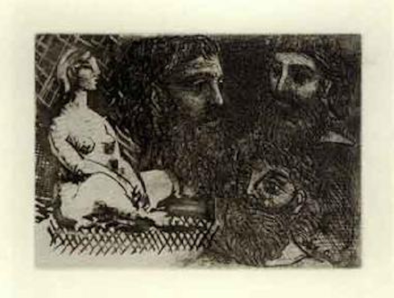 Deux buveurs Catalans. Femme nue assise et trois tetes barbues by Pablo Picasso