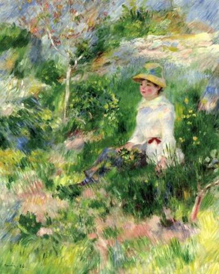 Ete: jeune femme dans un champ fleuri by Pierre-Auguste Renoir