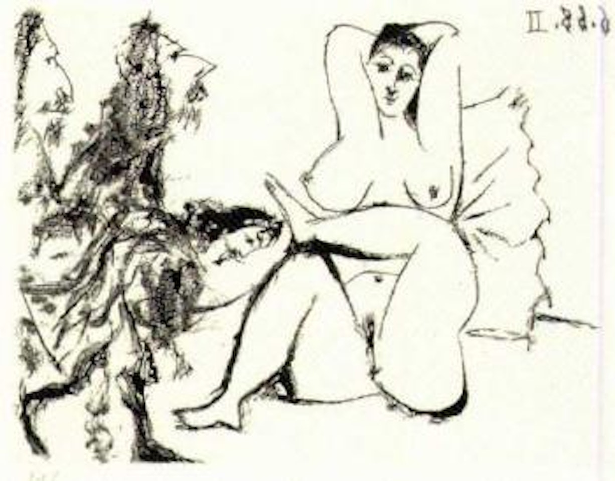 Trois mousquetaires, saluant une femme lit by Pablo Picasso