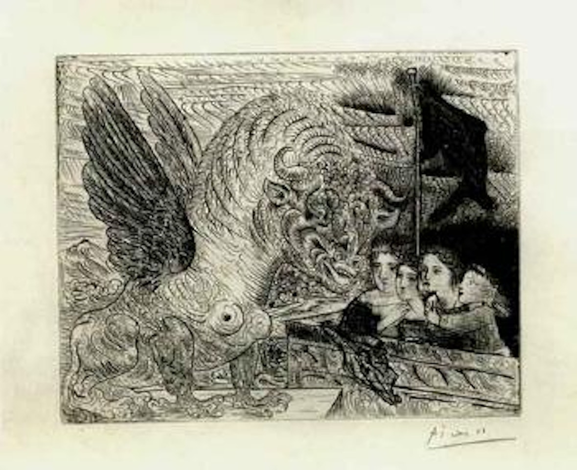 Harpye a tete de taureau, et quatre petites filles sur une tour by Pablo Picasso