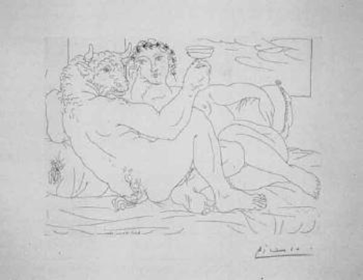 Minotaure, une coupe a la main, et jeune femme by Pablo Picasso