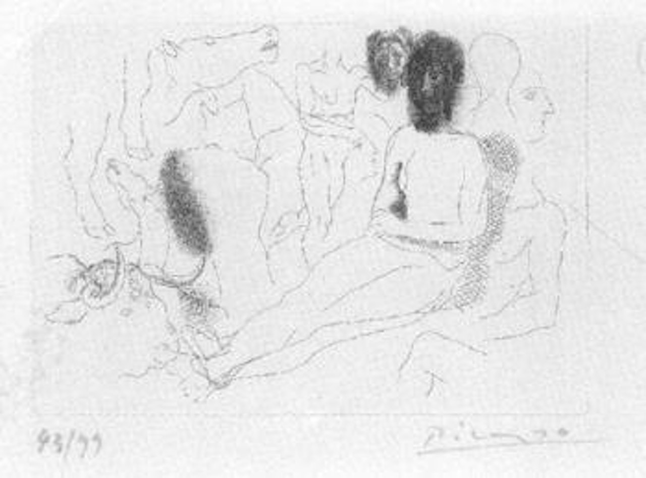 Nu assis entoure d'esquisses de betes et d'hommes by Pablo Picasso