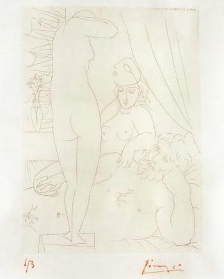 Le repos du sculpteur et le modele au masque by Pablo Picasso