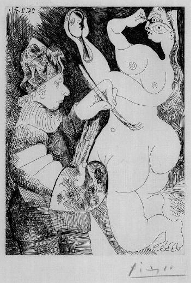 Peintre-Bouffon peignant sur son modele, qui se peint les yeux by Pablo Picasso