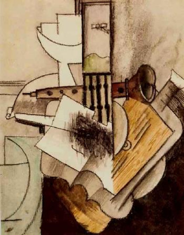 Instruments et bol de fruits devant une fenetre by Pablo Picasso
