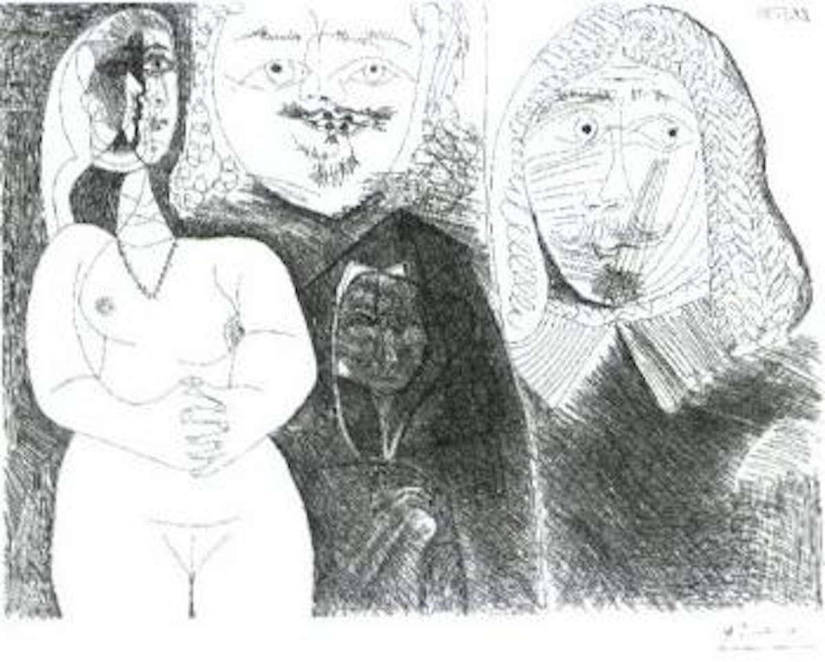 Celestine et fille, avec deux hommes en costume by Pablo Picasso