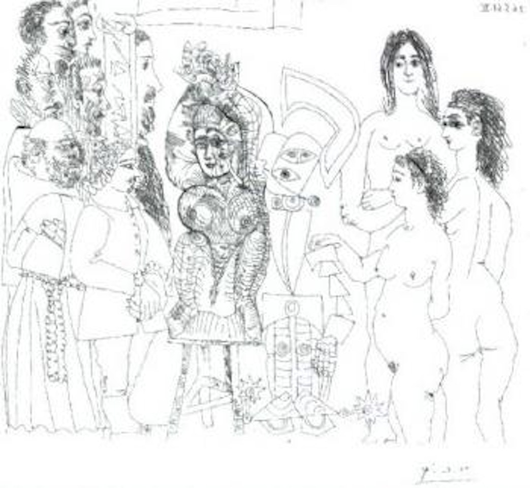 Notables espagnols visitant une maison close ornee d'une armure by Pablo Picasso
