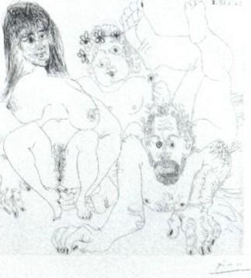 Couple aux champs, avec un putto couronne de fleurs by Pablo Picasso