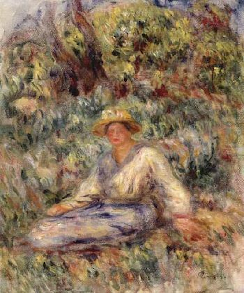 Woman in blue in landscape by Pierre-Auguste Renoir