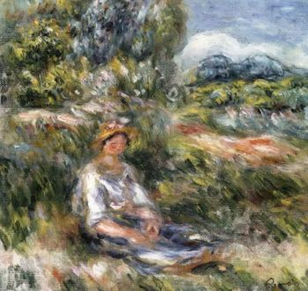Jeune fille assise dans un pre by Pierre-Auguste Renoir
