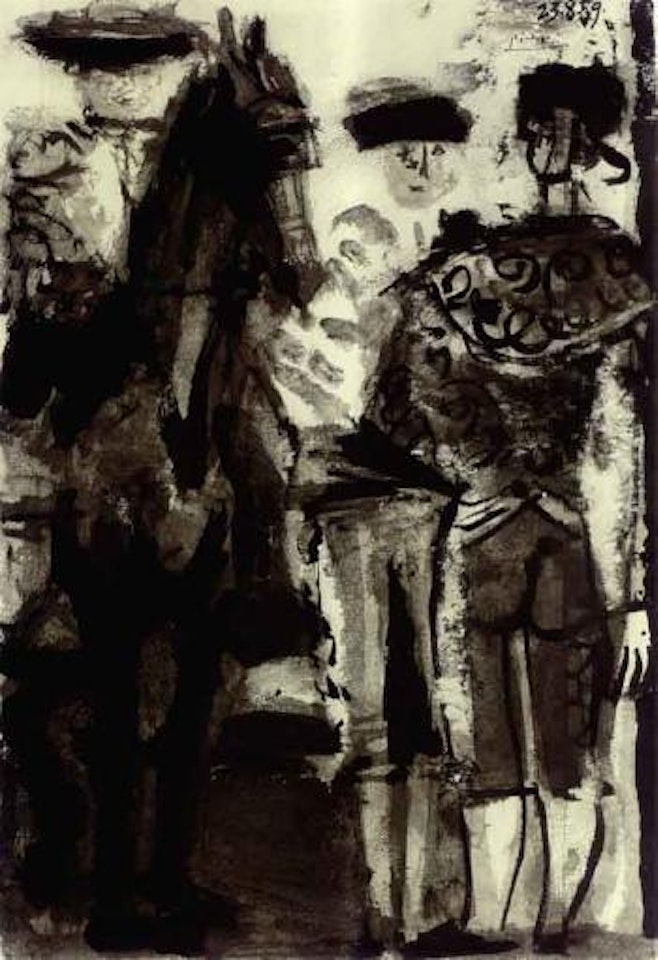 Groupe de toreros et picador a cheval. Tete de taureau by Pablo Picasso