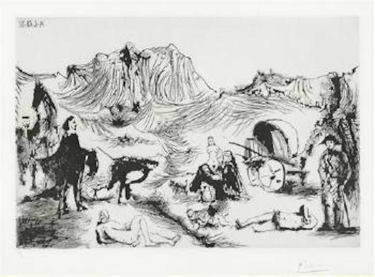 Variation autour de Don Quichotte et Dulninee: Halte de comediens ambulantes by Pablo Picasso