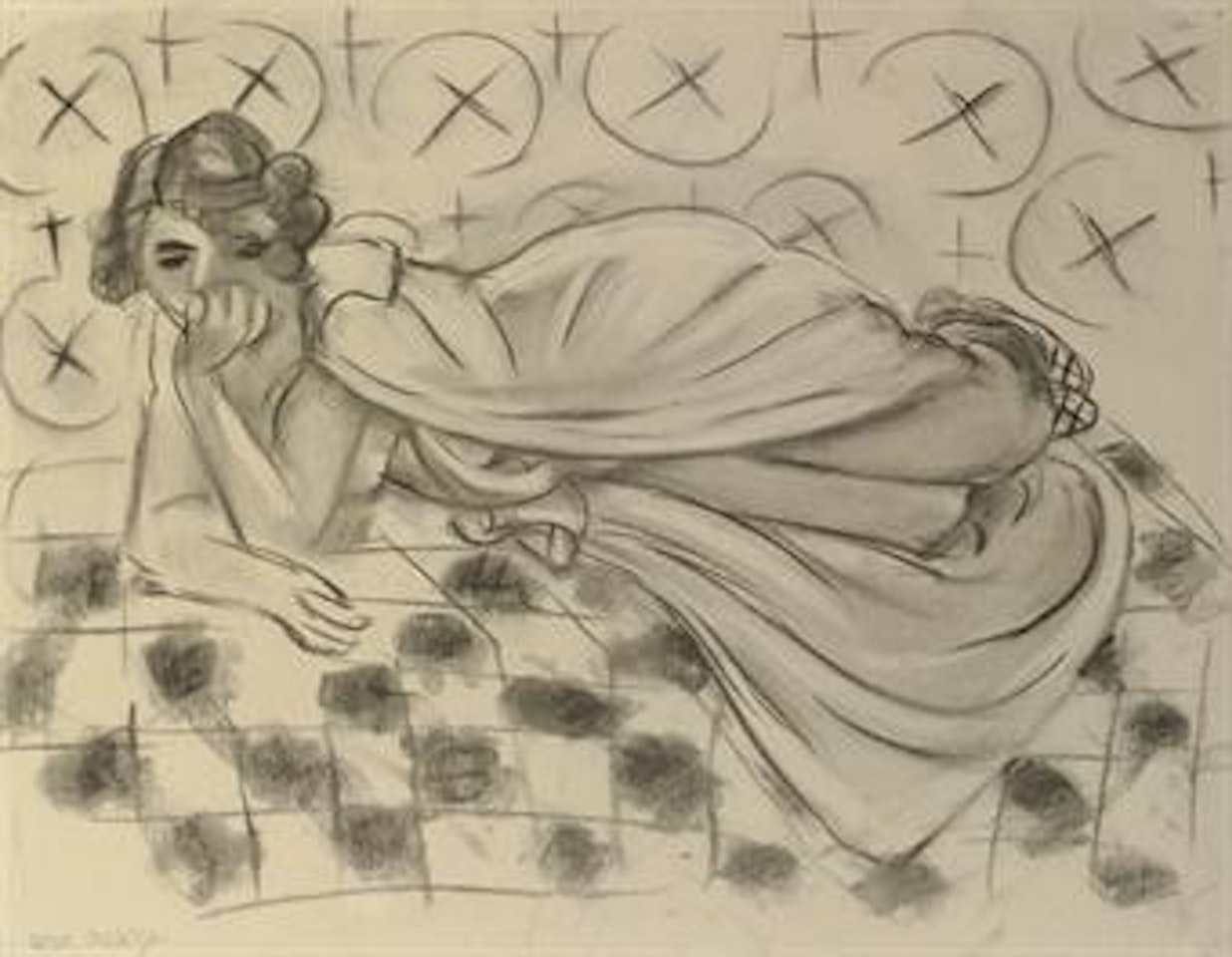 Figure drapée allongée sur un sofa à carreaux noirs by Henri Matisse