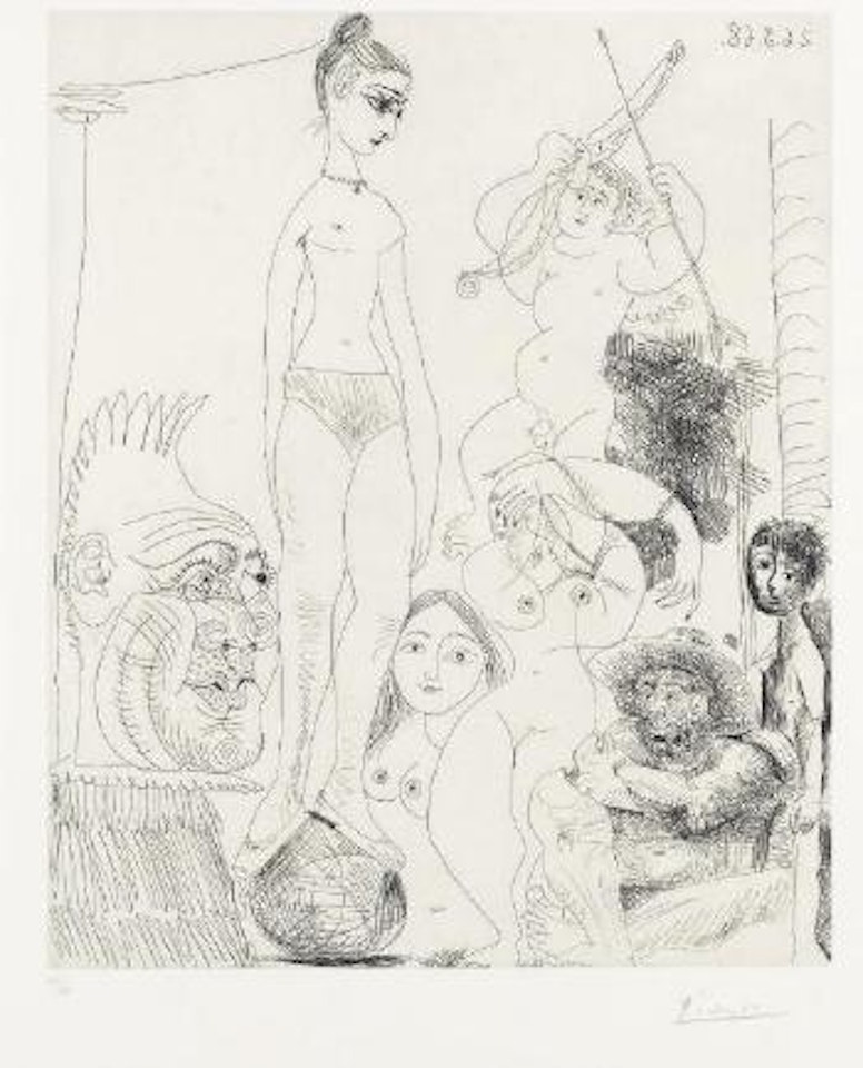 Autoportrait transposé et dédoublé rêvant au cirque, avec Jacqueline en acrobate à la boule, Plate 9 from Series 347 (B. 1489; Ba. 1504) by Pablo Picasso