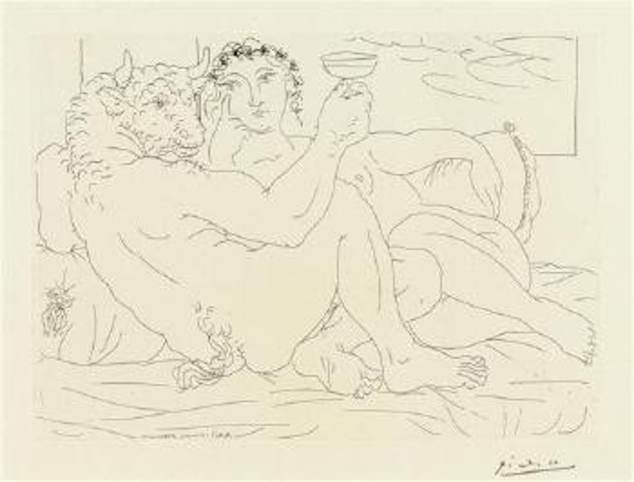 Minotaure une coupe à la main et jeune femme by Pablo Picasso