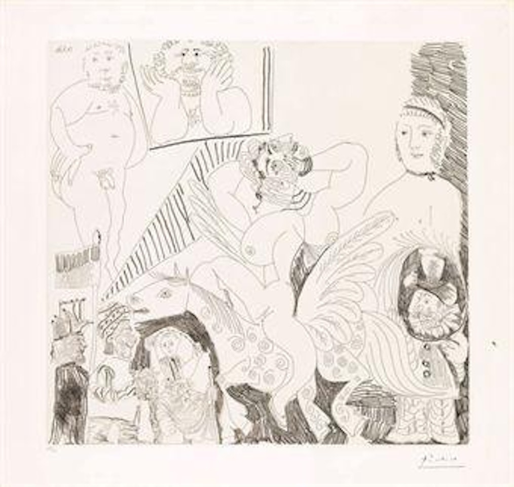 Scène de cirque, avec cheval aillé, vue par un machiniste, from  La Série 156 (B. 1890; Ba. 1896) by Pablo Picasso