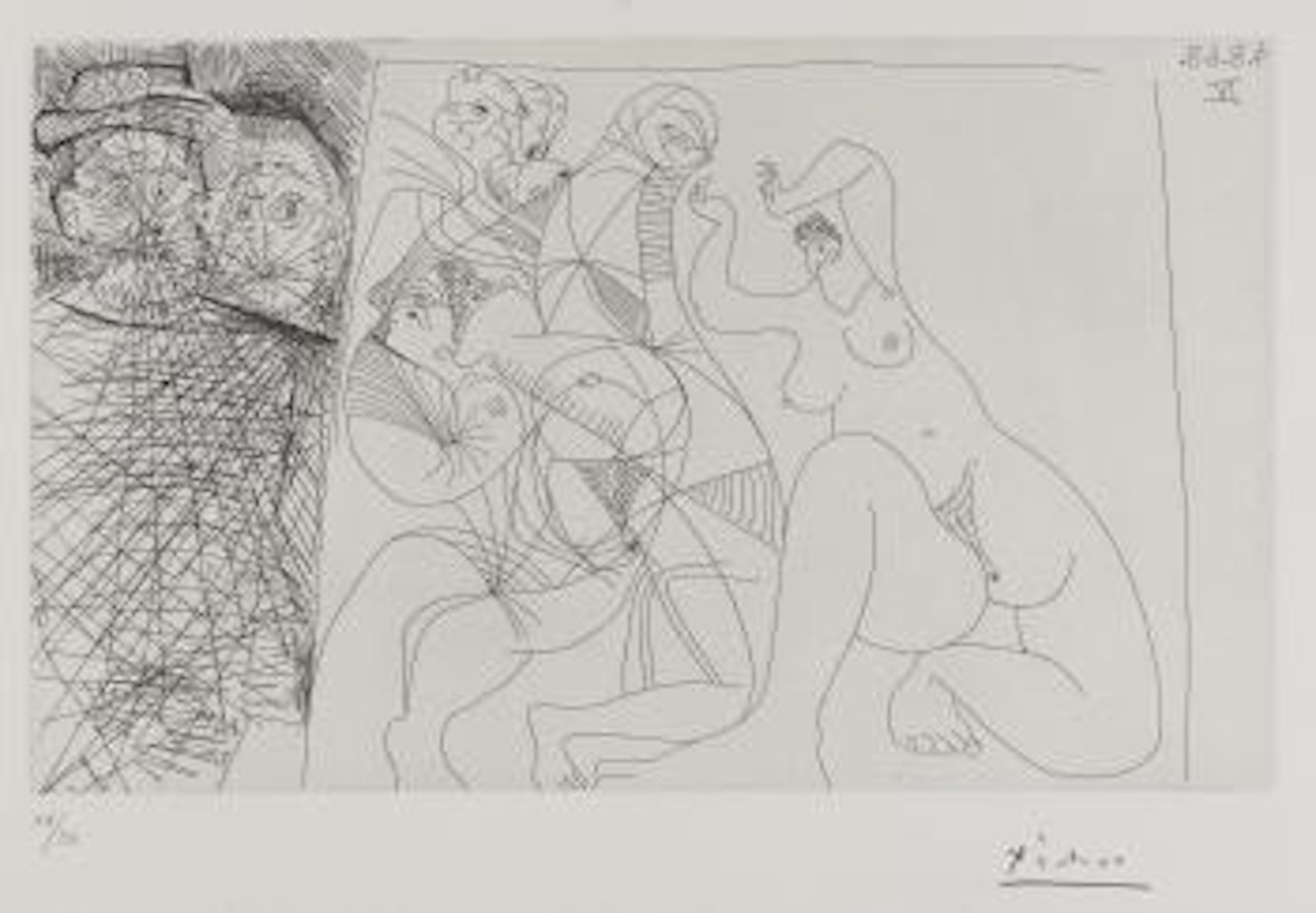 Toile ReprÃ©sentant Des Bacchantes, Et Spectateurs, Dont Un Au Chapeau Rembrandtesque (B. 1723; Ba. 1740) by Pablo Picasso
