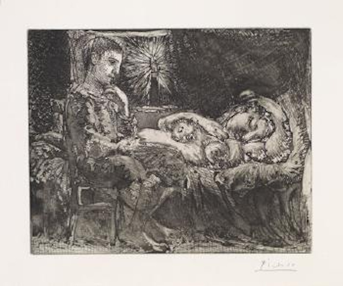 Garçon pensif veillant une dormeuse à la lumière d'une chandelle by Pablo Picasso