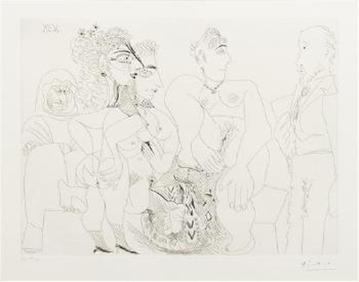 Maison close: Degas avec son album, Celestine, trois filles, et un pouf marocain by Pablo Picasso