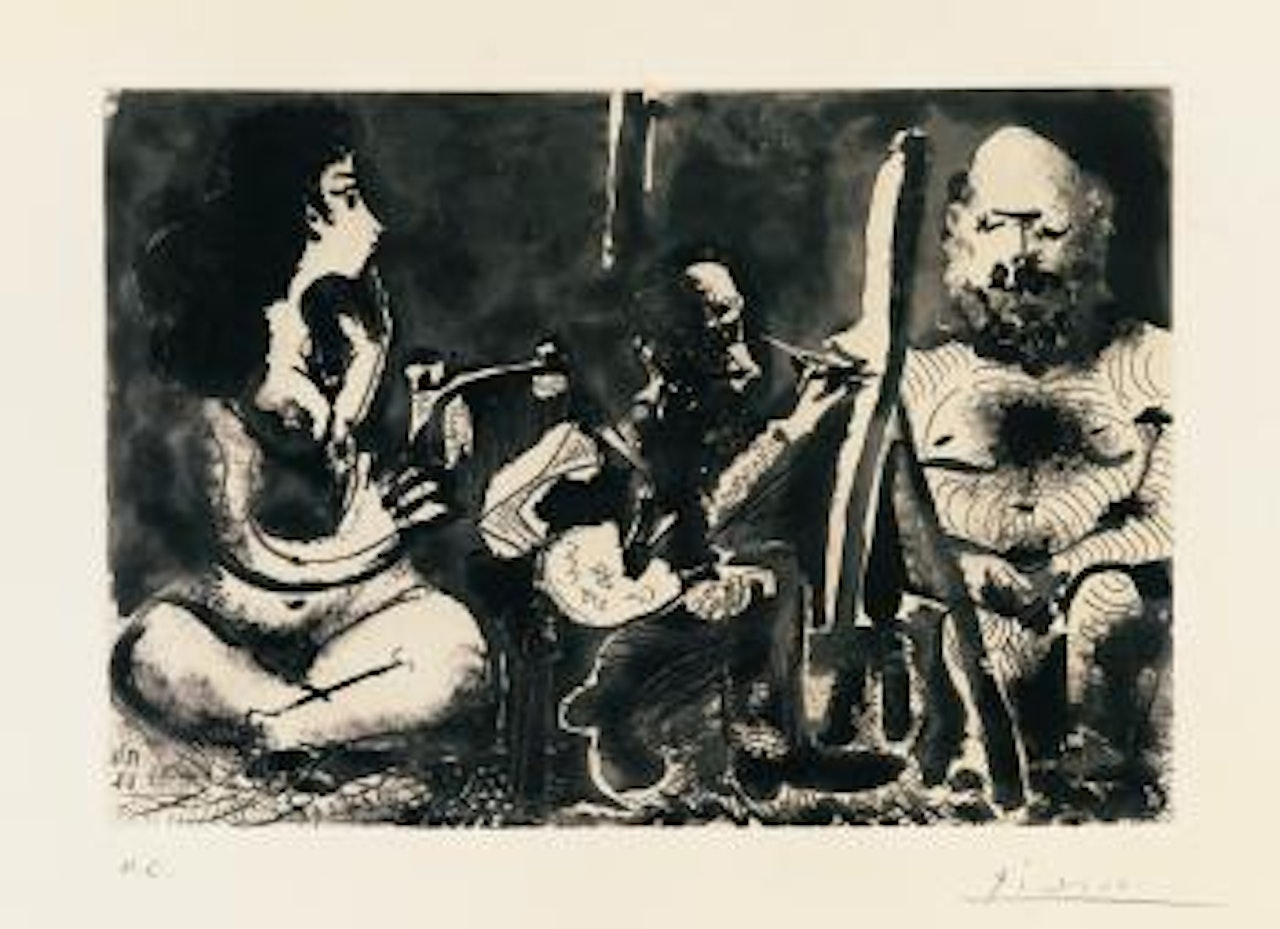 Peintre Au Travail Avec ModÃ¨le Barbu Et Une Spectatrice Assise En Tailleur by Pablo Picasso