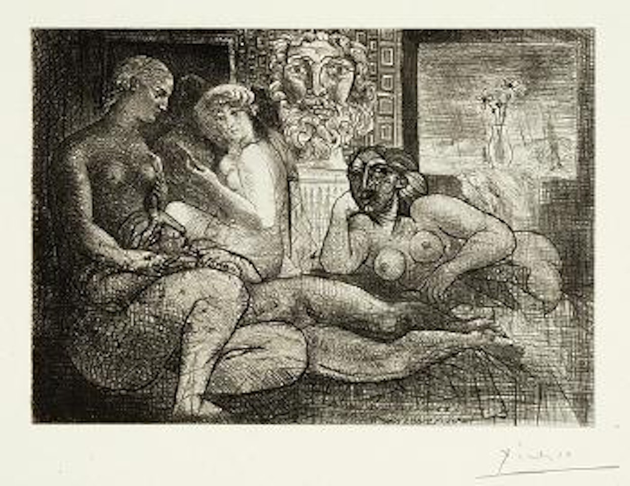 Femmes entre elles avec voyeur sculpté - Clin d'œil au bain turc by Pablo Picasso