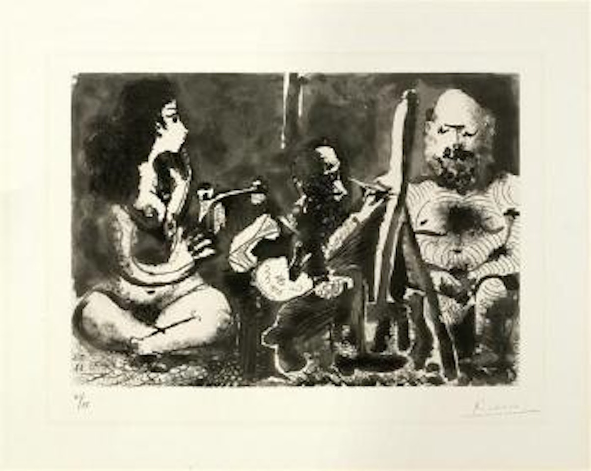 Peintre au travail avec modèle barbu et une spectatrice assise en tailleur by Pablo Picasso