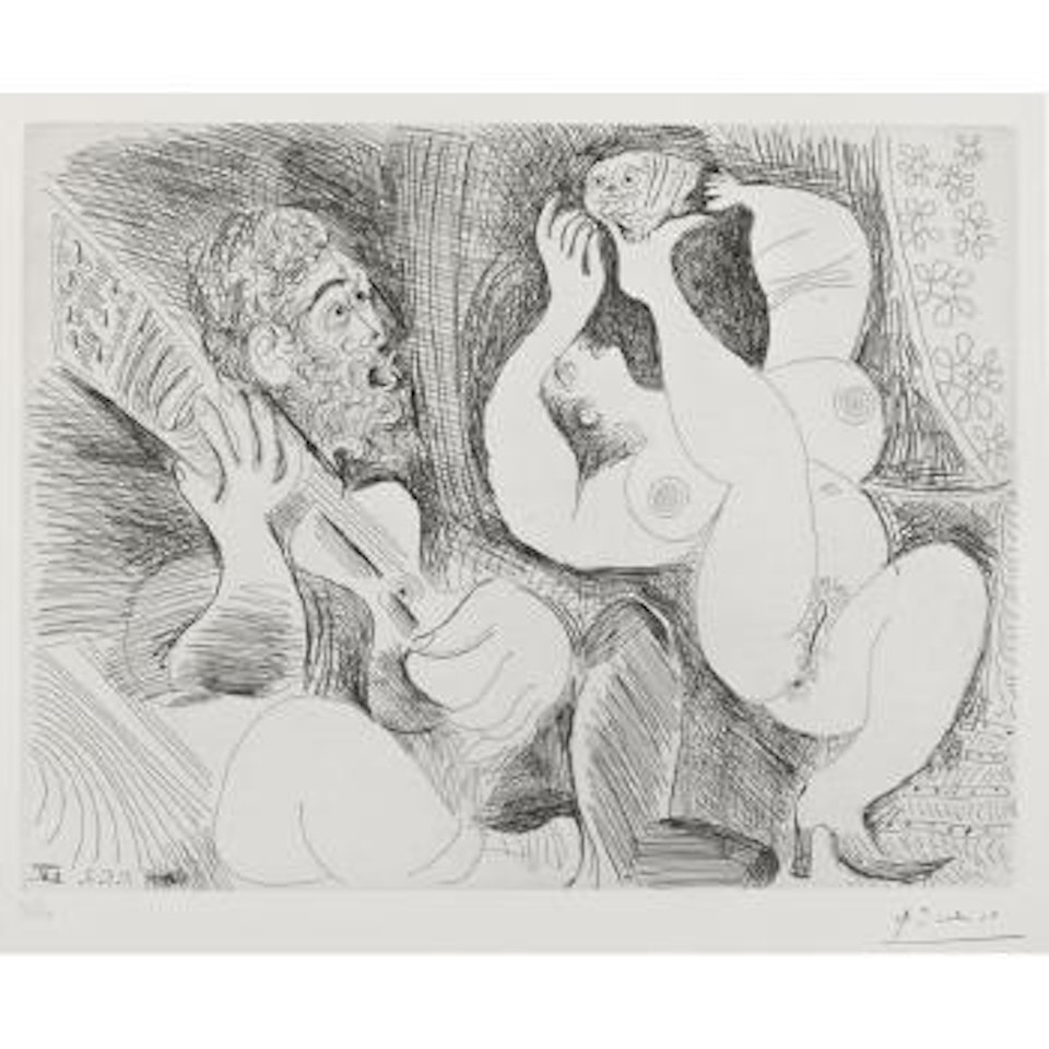 Danseuse tÃ¢chant de sÃ©duire la chouette d'un guitariste-ou l'inverse, pl. 46, from Series 156 (B. 1901; Ba. 1907) by Pablo Picasso