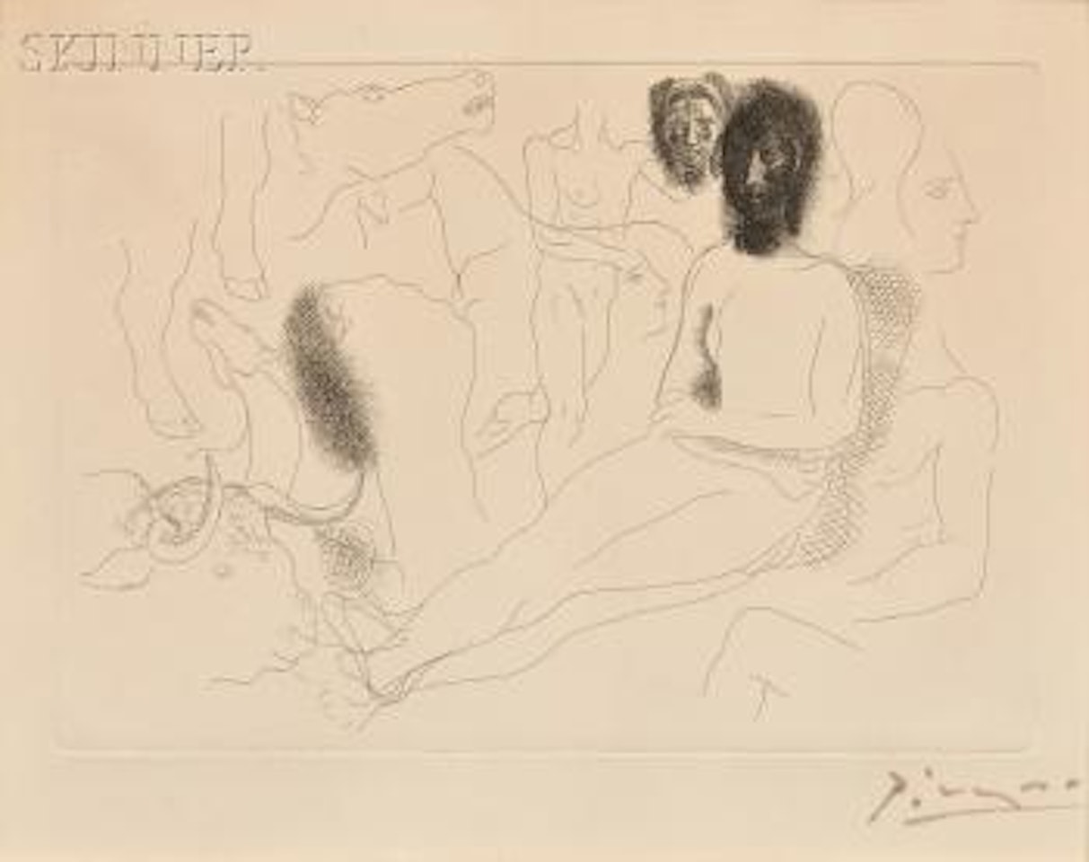 Nu assis entouré d'esquisses de bêtes et d'hommes by Pablo Picasso