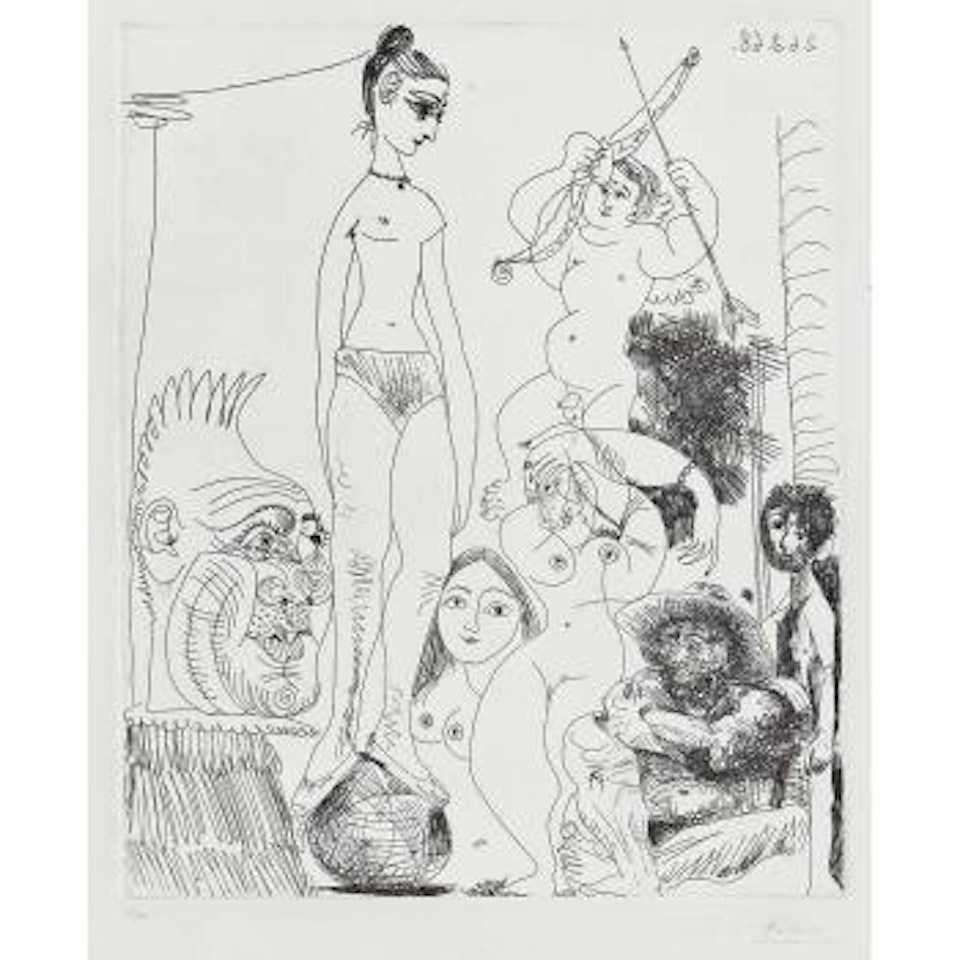 Autoportrait Transpose et Dedouble revant au Cirque, avec Jacqueline en Acrobate a la boule (Bloch 1489) by Pablo Picasso