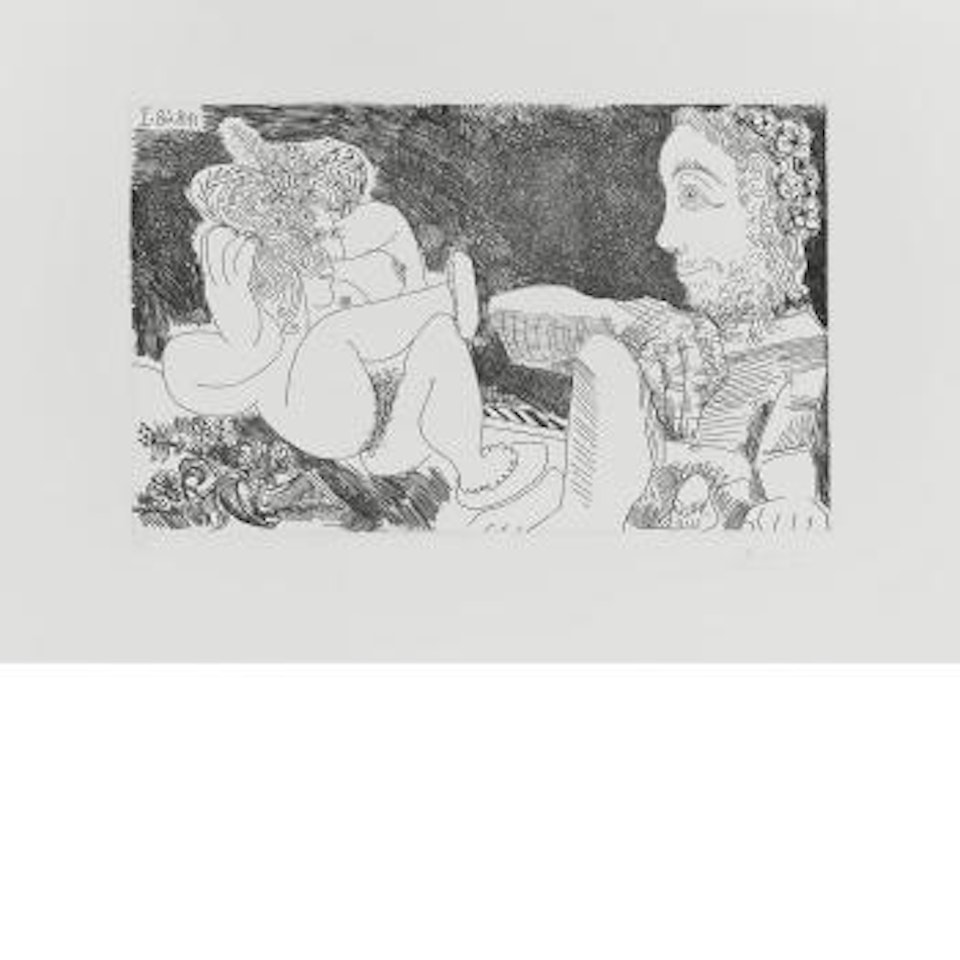 Au jardin: odalisque en pantoufles au chapeau, avec des fleus, et spectateur ingresque (B. 1756) by Pablo Picasso
