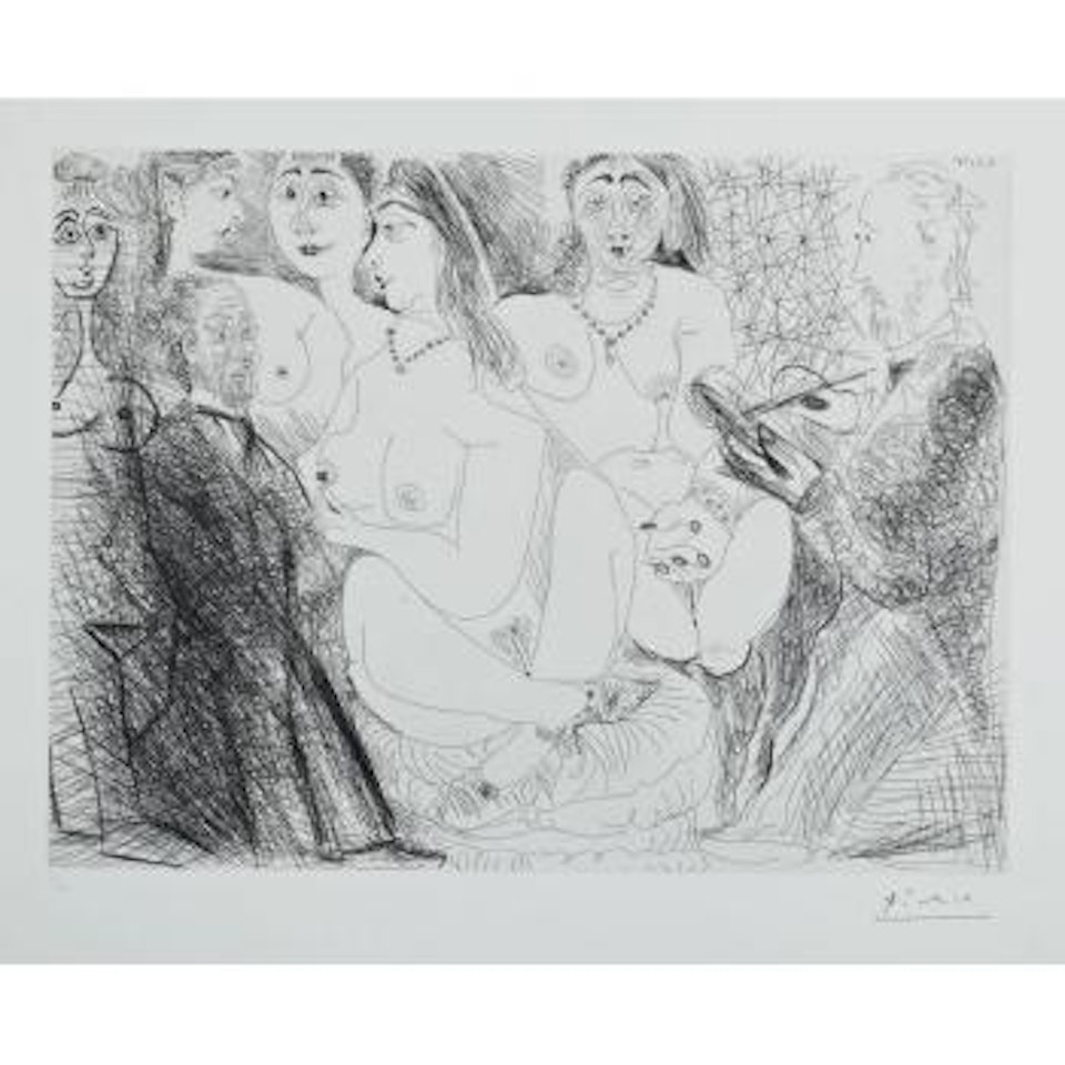 Degas en jaquette, se dessinant lui-même, en habit, chez les filles by Pablo Picasso