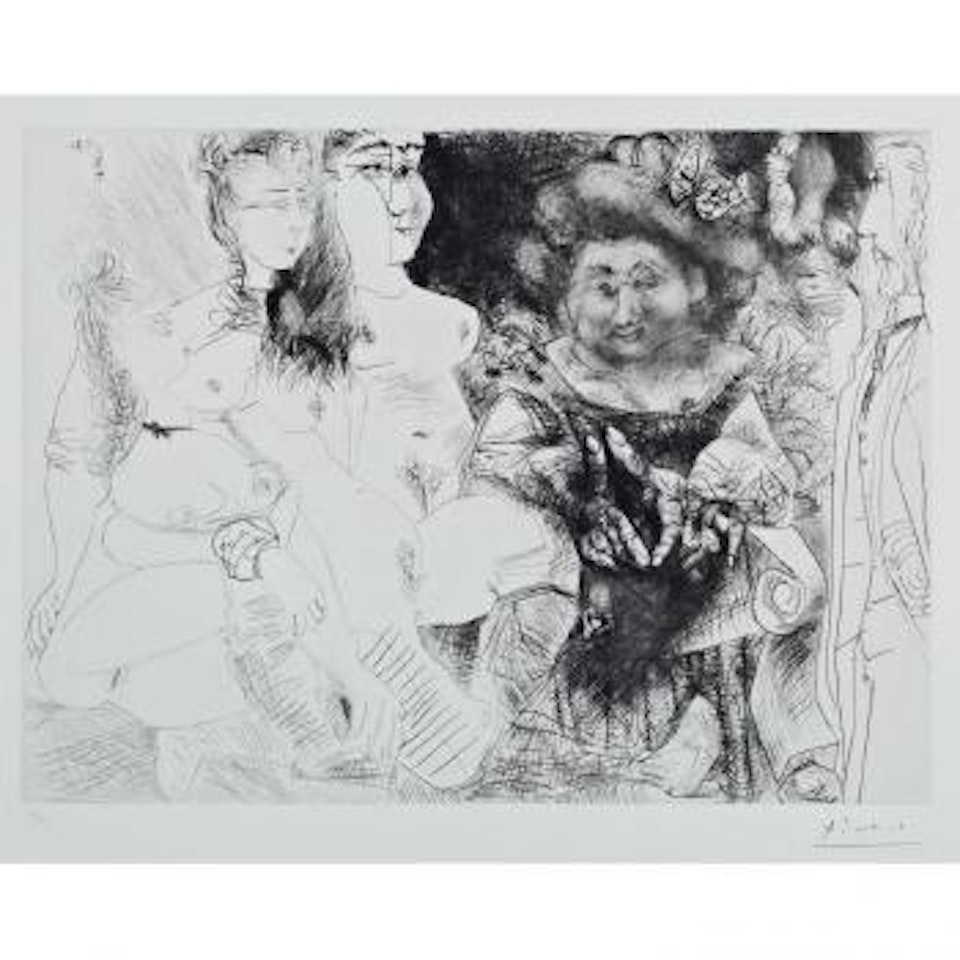 La patronne faiseuse d'anges, avec trois filles, Degas aux mains dans le dos by Pablo Picasso