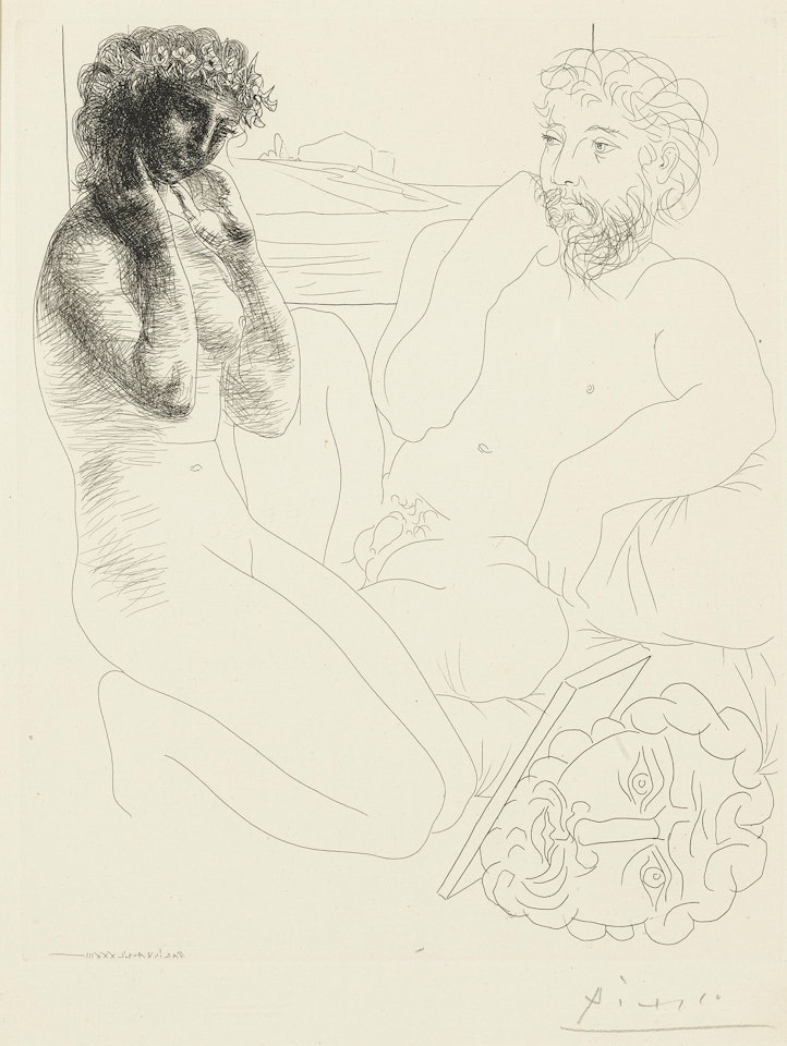 SCULPTEUR ET MODÈLE SE REGARDANT DANS UN MIROIR CALÉ SUR UN AUTOPORTRAIT SCULPTÉ (B. 178; BA. 331) by Pablo Picasso