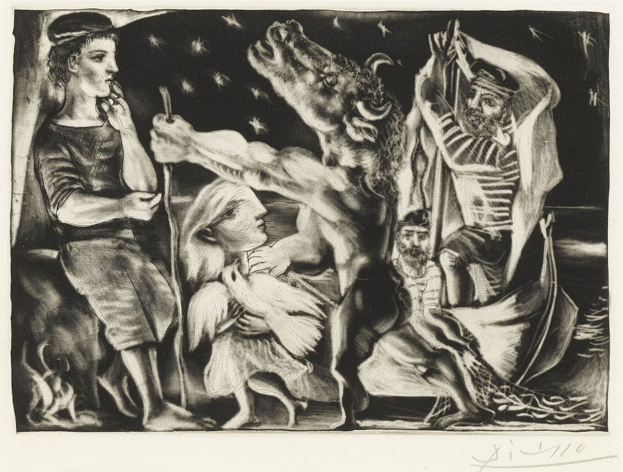 MINOTAURE AVEUGLE GUIDÉ PAR MARIE-THÉRÈSE AU PIGEON DANS UNE NUIT ÉTOILÉE (B. 225; BA. 437) by Pablo Picasso