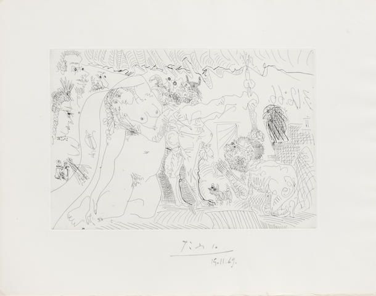 Au Théàtre: Le cocu brandissant le 'Foudre de Zeus', avec l'aigle du dit, etc., from El Entierro del Conde Orgaz by Pablo Picasso