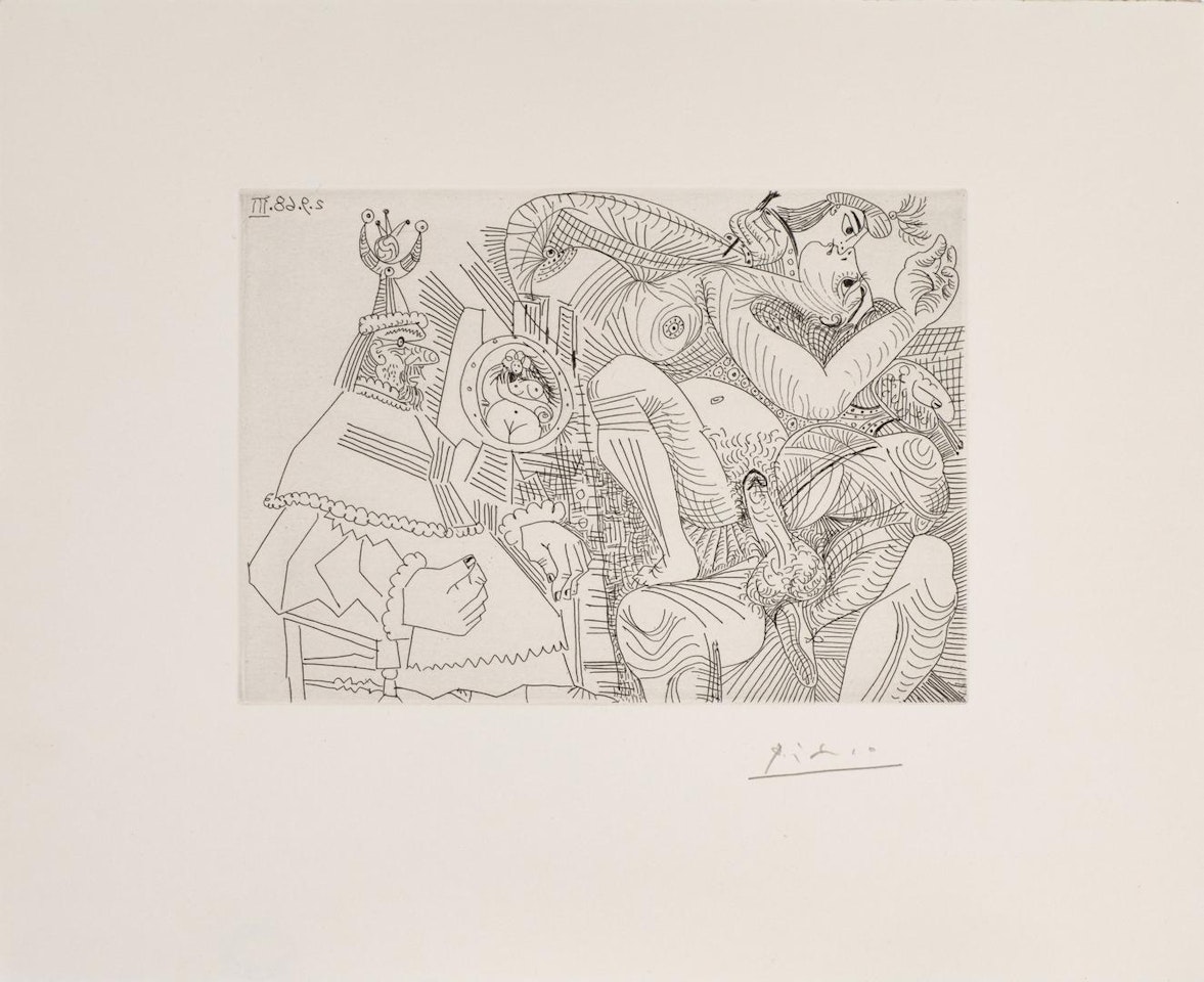 RAPHAËL ET LA FORNARINA. XII: DANS SON FAUTEUIL, LE PAPE SE SENT COCU (B. 1787; BA. 1804) by Pablo Picasso