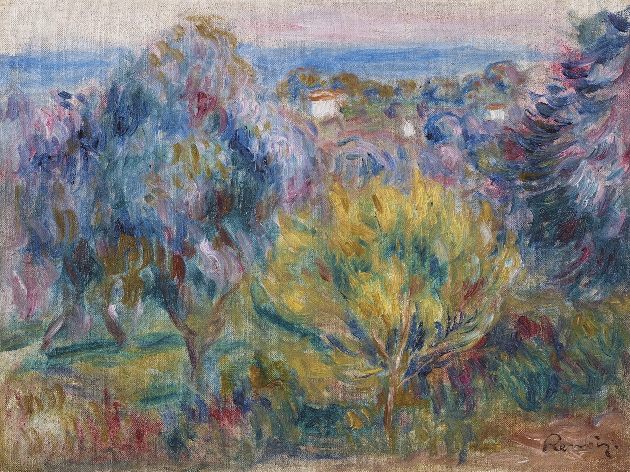 Paysage, arbre jaune au premier plan et fond de mer dans le Midi by Pierre-Auguste Renoir
