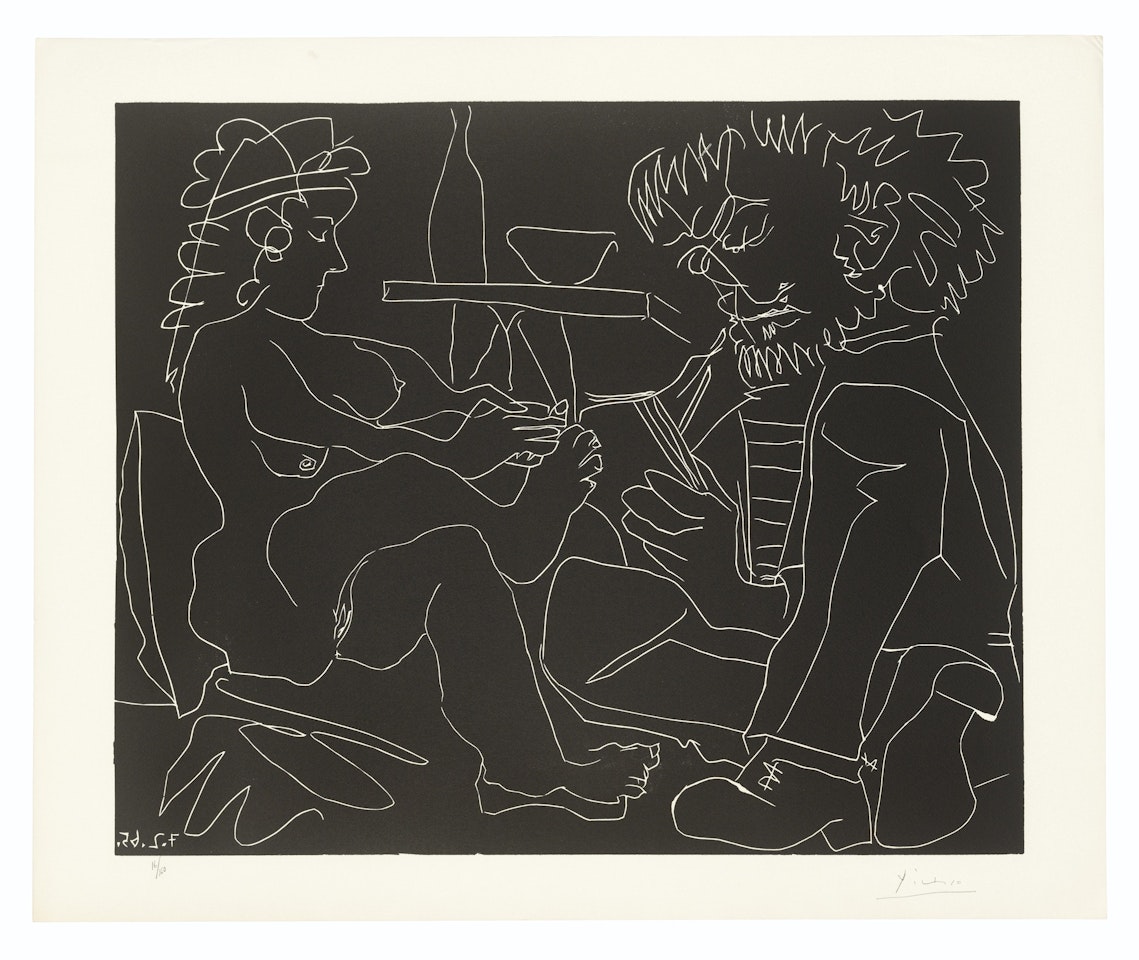 Peintre dessinant et modèle nu au chapeau by Pablo Picasso
