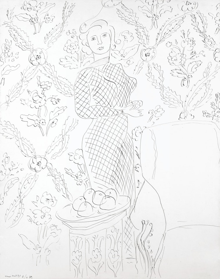 Femme en robe de résille debout près d'un plat de fruits by Henri Matisse