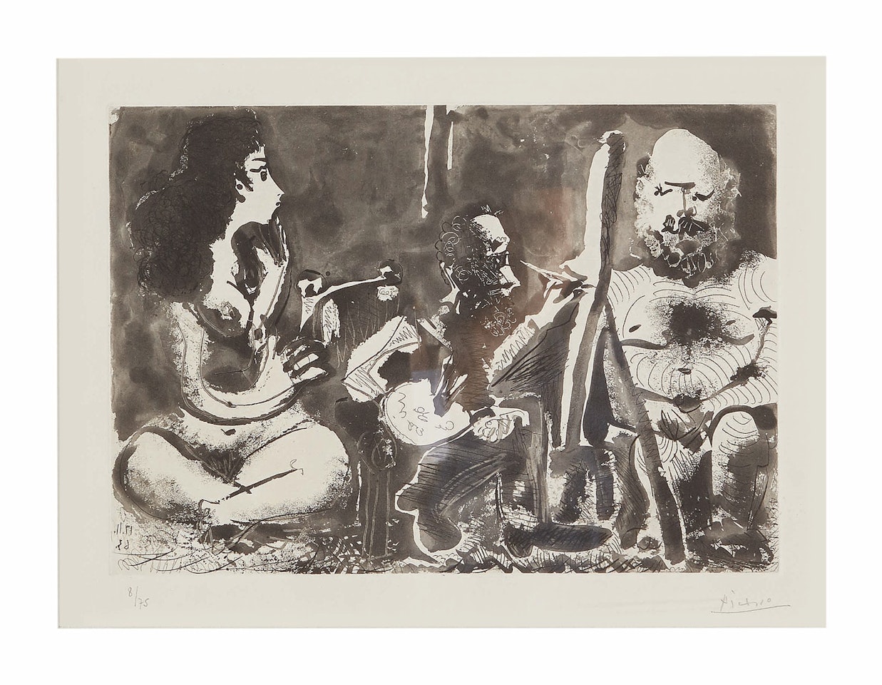 Peintre au travail avec modèle barbu et une spectatrice assise en tailleur (B. 1130; Ba. 1127; C. bks. 122) by Pablo Picasso