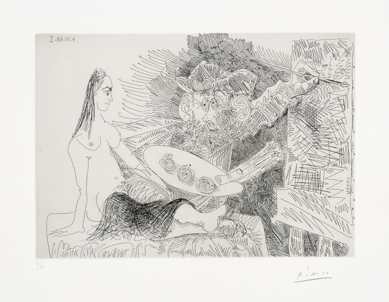 Artiste peintre avec un modèle qui boude (Painter with a Sulking Model), plate 346 from 347 Series (Bl. 1826, Ba. 1843) by Pablo Picasso